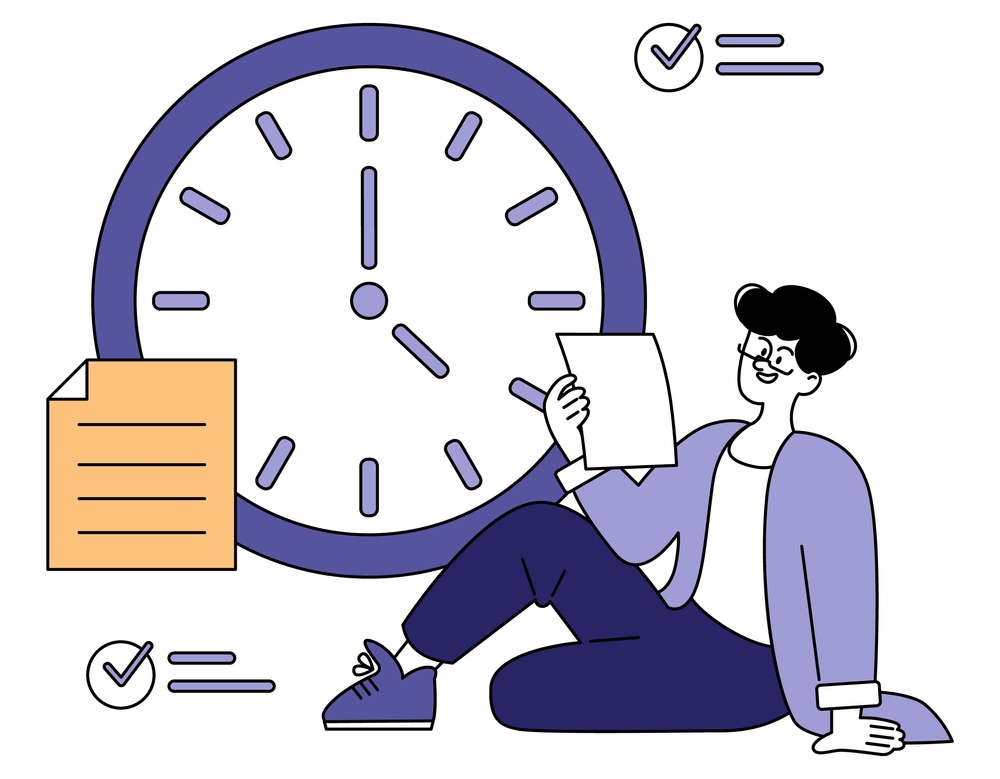 Illustration of a person sitting beside a large clock showing 4:00, holding a dissertation proposal and lines symbolizing completed tasks. The design uses purple, blue, and orange colors to emphasize time management and productivity concepts. 