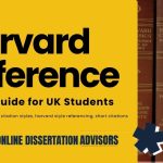 A digital graphic promoting a "Harvard Reference (2026) Guide for UK Students" by Online Dissertation Advisors, aimed at academic research and citation styles. The design features bold black text on a yellow background with decorative elements and a blurred background of red Harvard Classics books.