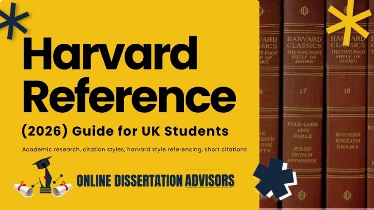 A digital graphic promoting a "Harvard Reference (2026) Guide for UK Students" by Online Dissertation Advisors, aimed at academic research and citation styles. The design features bold black text on a yellow background with decorative elements and a blurred background of red Harvard Classics books.