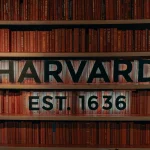 Interior of a library filled with books, showcasing the words "Harvard Est 1816" on a wall or sign.