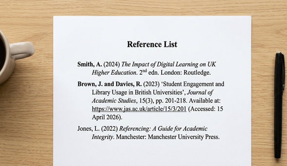 A professional print Harvard referencing style bibliography list on white paper.