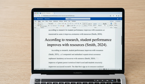 A close up shot of a computer screen showing a clear Harvard referencing in-text citation in an academic text.