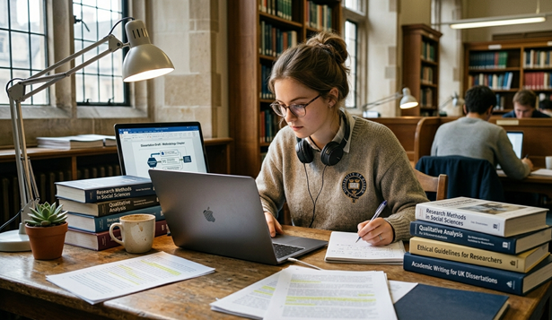Dissertation writing of students in a library.