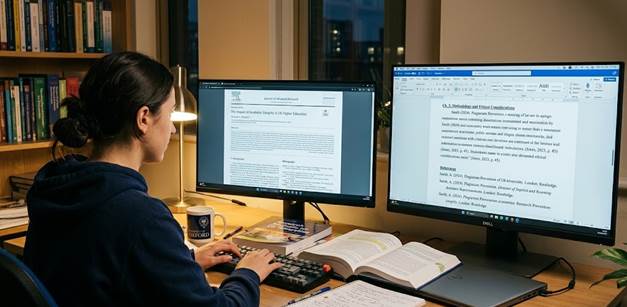 Academic integrity: A student practicing academic integrity by referencing sources in a UK dissertation.