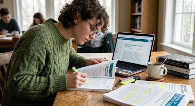 Student selecting sources for a literature review in UK higher education.